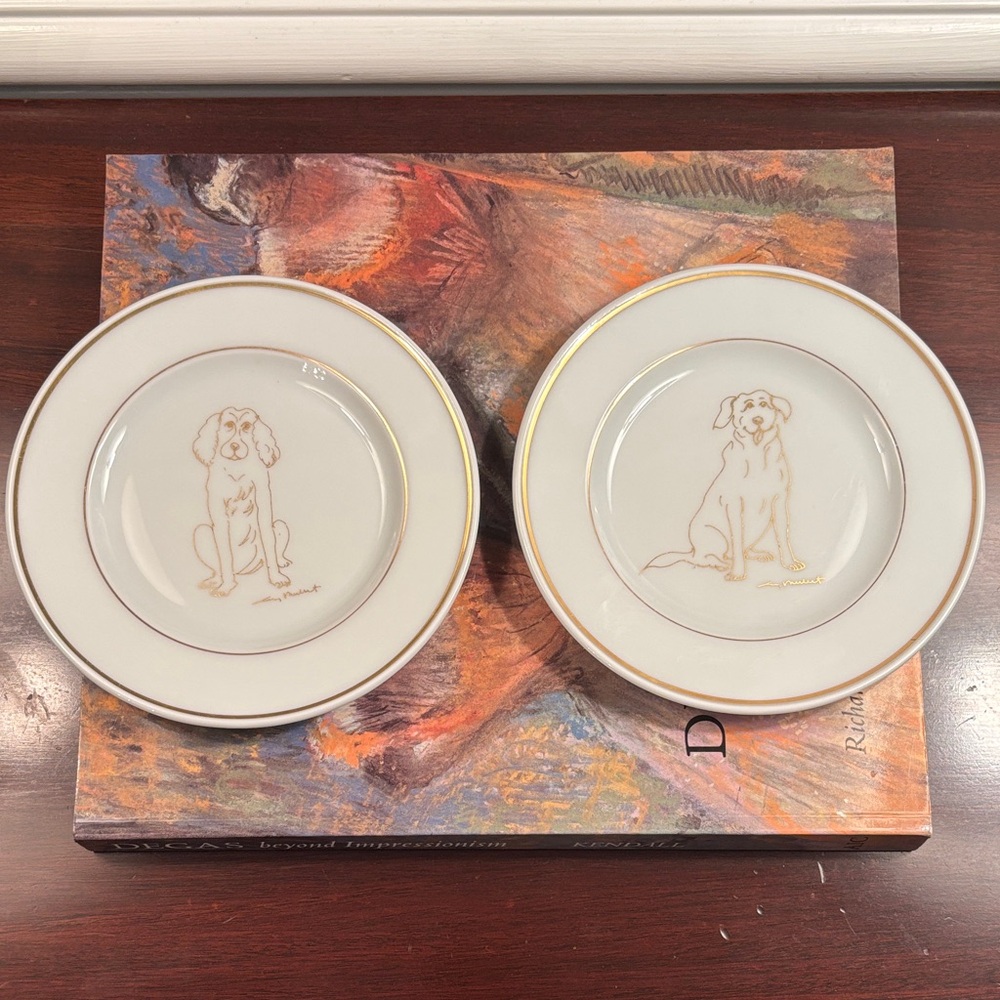 2 Vintage Porcelain Gold Dog Plates Frank McIntosh Eschenbach